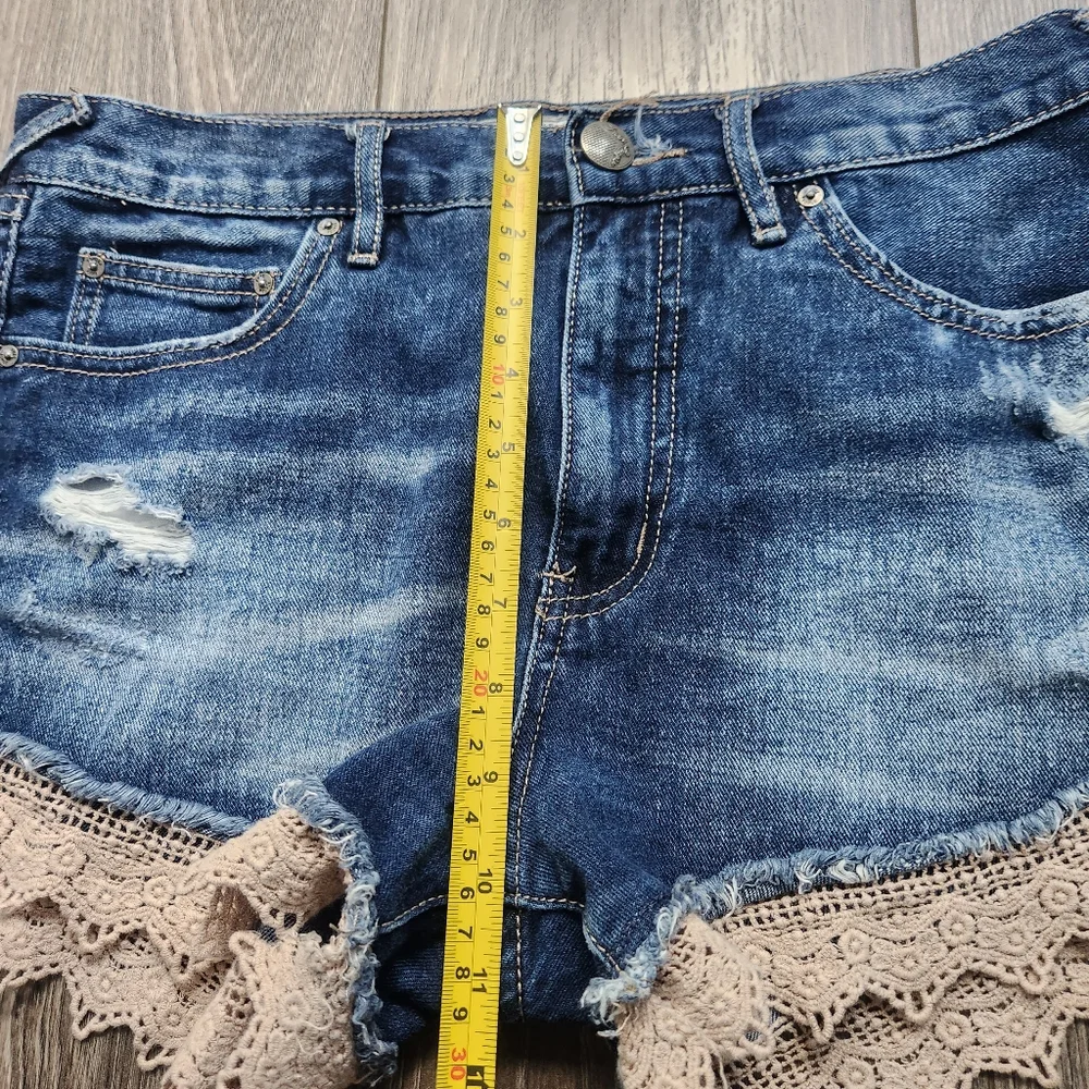 Free People Lacey Lace High Rise Denim Distressed Shorts 27